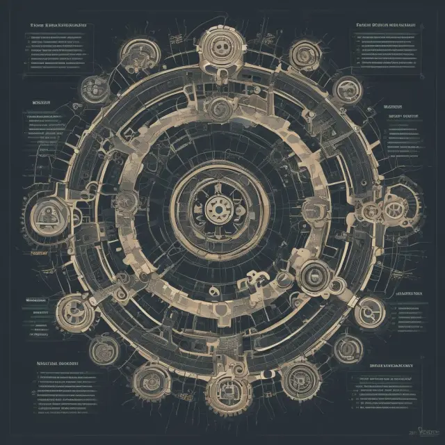 Thirty interconnected gears representing Dow Jones Industrial Average companies on an economic map