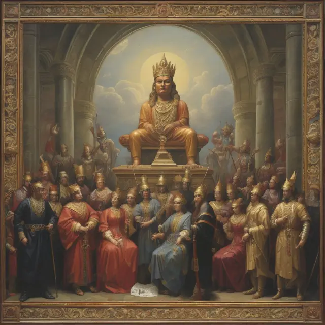 An image featuring the Dow Jones Industrial Average represented by a regal, ancient ruler and the S&P 500 index depicted as a vibrant mosaic of various industries.
