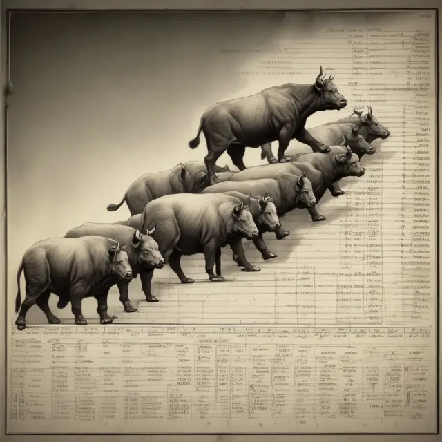Bulls and bears form a timeline, representing historical growth and declines of the Dow Jones Industrial Average