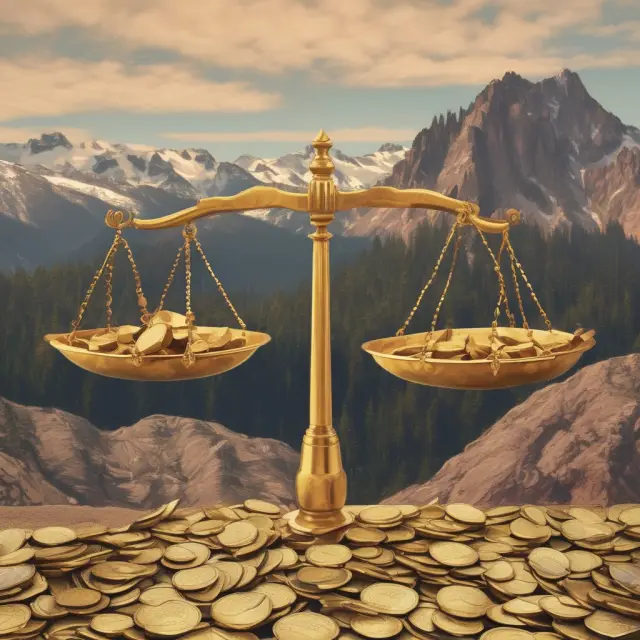 Visualizing Dow Jones Industrial Average (30 gold coins) versus S&P 500 (mountain of smaller coins), representing debate on size and diversity in stock market indices