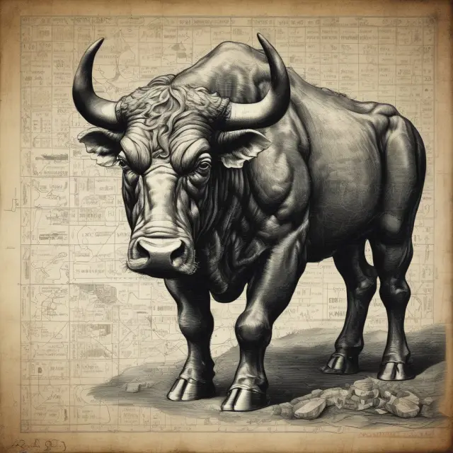 An ancient bull sculpture emerges from a stock market puzzle, symbolizing the enduring significance of the Dow Jones Industrial Average amidst continuous change