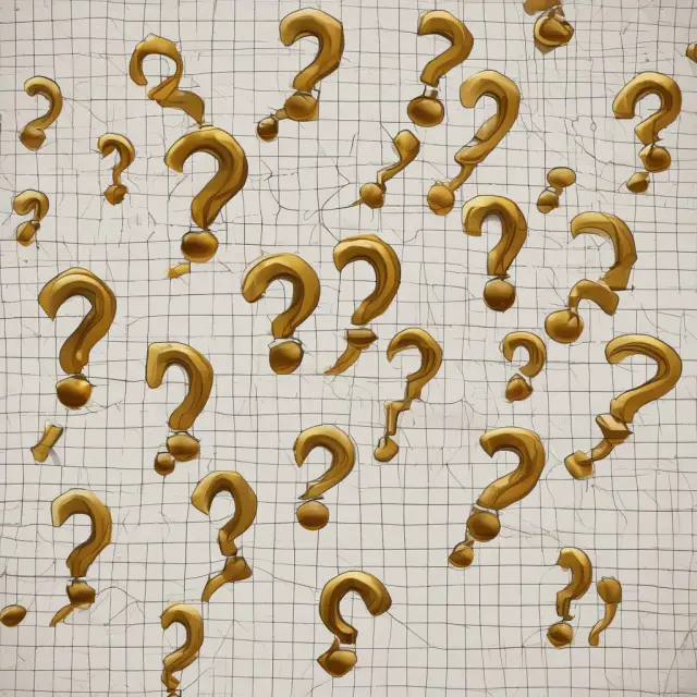 Thirty golden question marks floating above a Dow Jones Industrial Average chart, representing frequently asked questions