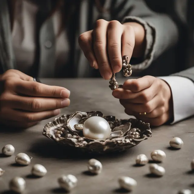 A person placing a large pearl inside an open oyster shell, representing their substantial down payment for a home or car purchase, emphasizing financial commitment and lower monthly payments.