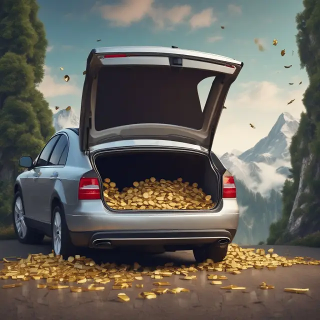 A person making a large down payment on a car purchase, symbolized by golden coins falling into the trunk