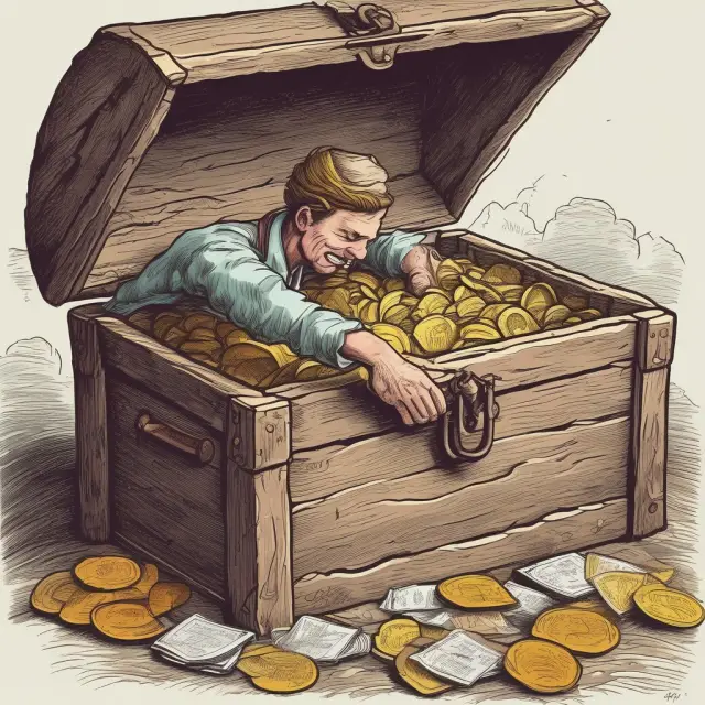 Person digging gold coins out of a chest with mortgage papers - emphasizing the importance and financial benefits of making a substantial down payment