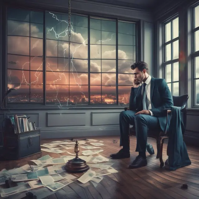Institutional investor evaluating investment during down round, surrounded by stock charts and weighing risks against opportunities