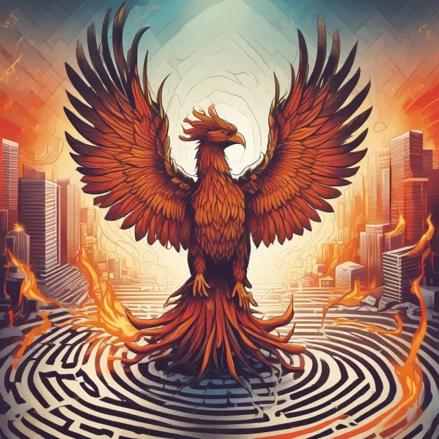 Phoenix rising above financial charts, representing the triumph over risks during down rounds
