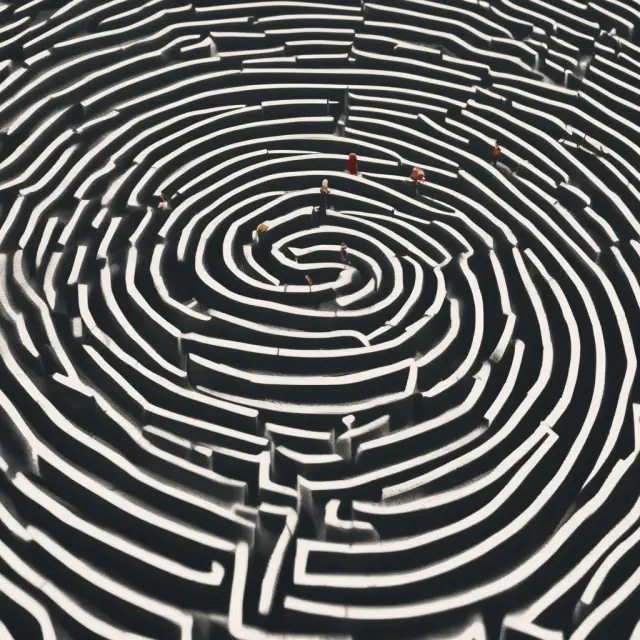 An institutional investor maneuvers through a labyrinthine maze, encountering down rounds symbolized by twisting paths