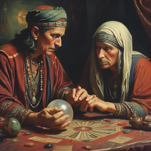 Fortune teller with two crystal balls revealing Roy
