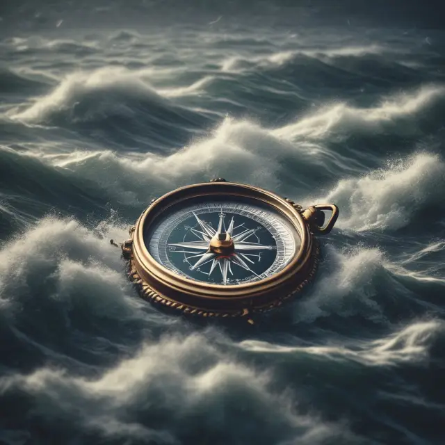Compass symbolically navigating stormy stock market seas, illustrating downside risk management strategies