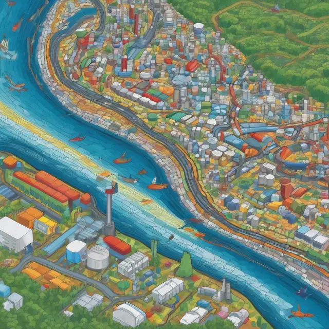 A mosaic river filled with essential products from the downstream process: LNG, gasoline, heating oil, synthetic rubber, plastics, lubricants, antifreeze, fertilizers, and pesticides.