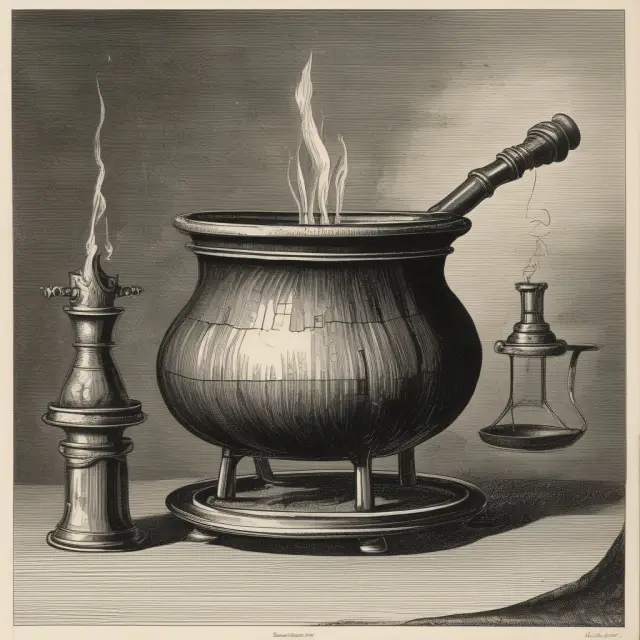 A cauldron filled with crude oil undergoing transformation into refined petroleum products, symbolizing the refining process in the oil industry