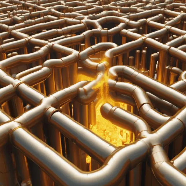 Image of golden fuel droplets being refined and distributed via pipelines to consumers through various retail channels