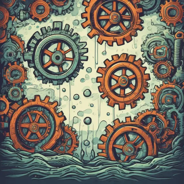 An industrial gear system converting crude oil into refined products, symbolizing downstream operations