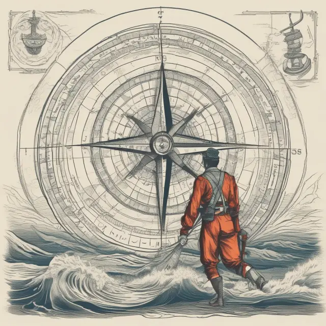 A compass pointing south on a nautical chart represents technical indicators, chart patterns, and long-term trends helping an investor navigate downtrends