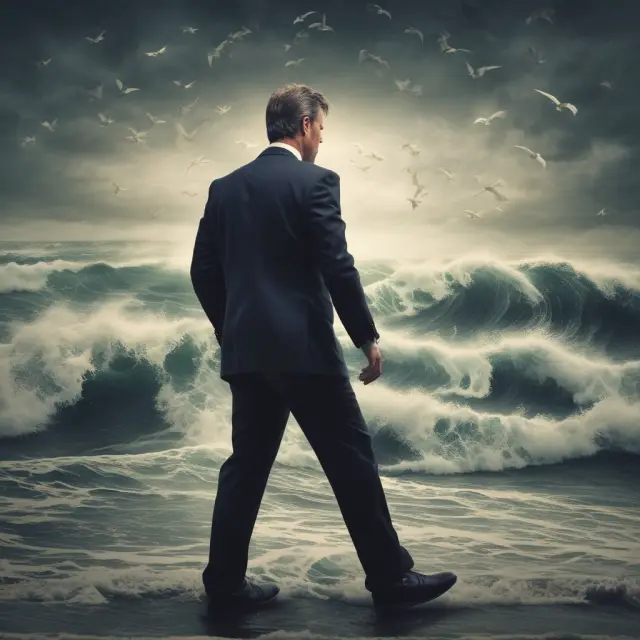 Short sellers in stormy seas, long traders on calm shores, illustrating trading opportunities in downtrends