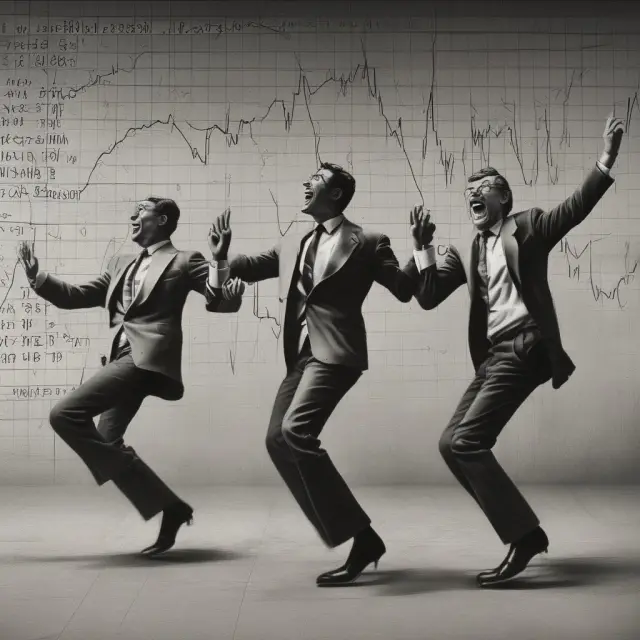 An image of stock market indices, including the Dow Jones Industrial Average and S&P 500, moving harmoniously on a stage with the efficient market hypothesis represented as a conductor