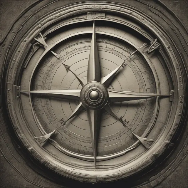 A compass with six beacons representing the principles of the Dow Theory. The beacons illuminate market trends and serve as a guide for investors.