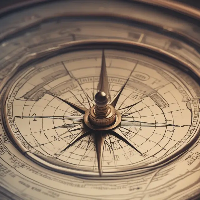A compass with a Dow Jones symbol at its center represents the Dow Theory. Its needle points towards market trends and confirms direction changes through interacting indices and volume analysis.