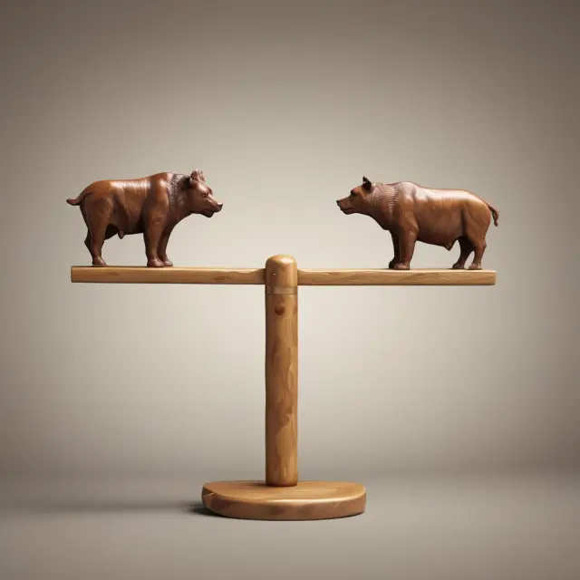 An image of a balanced seesaw with two figures - one represents the bull market (DJIA), and the other represents the bear market (DJTA) - illustrating Dow Theory