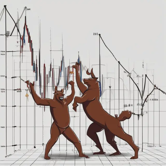 A dance between bulls and bears on a line graph illustrating the identification of trends using Dow Theory