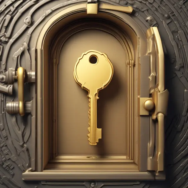 Golden key symbolizing wealth and access, opening a vault labeled 