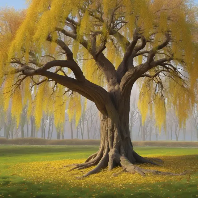 Willow tree symbolizing DPSP funds with golden leaves shed to surviving spouses and heirs, illustrating tax implications