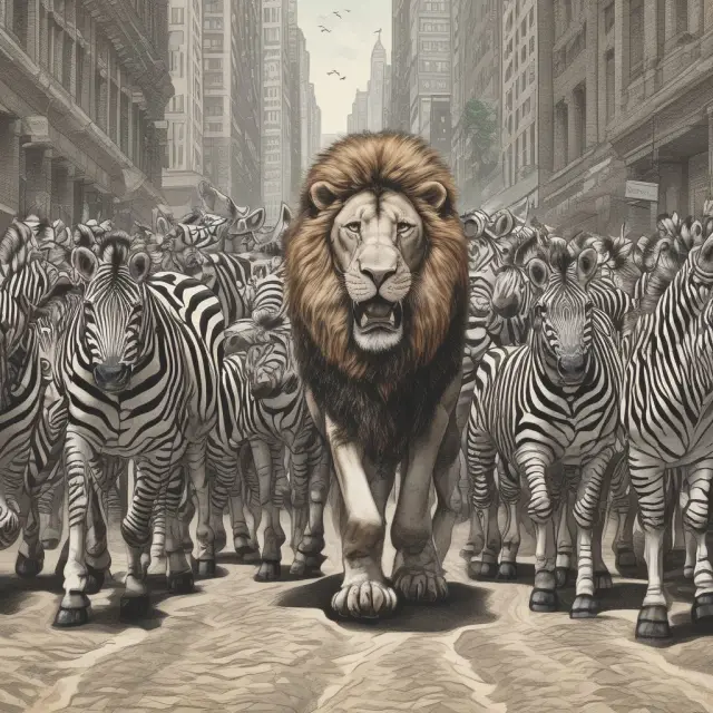 Lion leads zebras to a stock exchange, representing majority and minority shareholders in corporate transactions