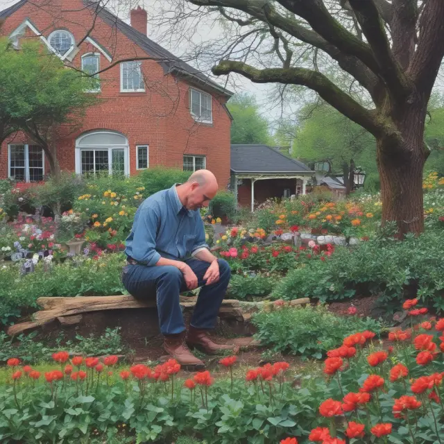 Investor caring for a diverse garden, waiting for recovered investments to bloom amidst market turbulence