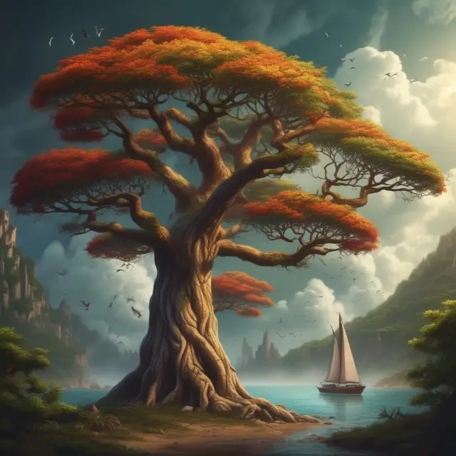 Comparison of stocks (phoenix), bonds (oak tree), commodities (sailboat), and real estate (ancient tree) based on recovery times, risks, and volatility.