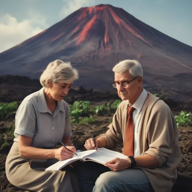 Retired couple observing a volcanic eruption representing investment drawdown risk and recovery