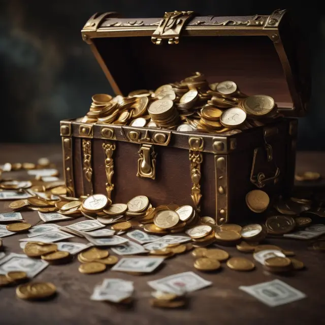 Golden chest filled with coins and bills, representing available cash and marketable securities for immediate access in personal finance.