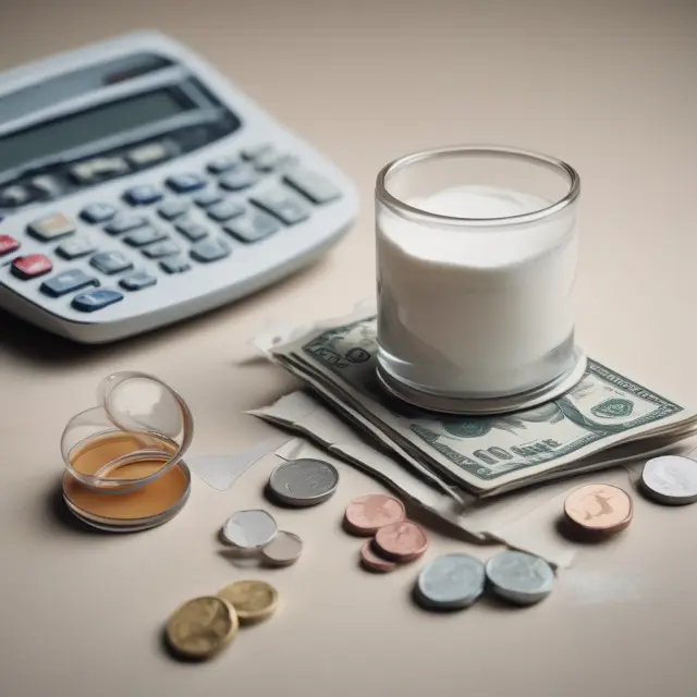 A financial reservoir filled with gold coins and cash, with a calculator next to it, illustrating the process of determining the appropriate amount of dry powder