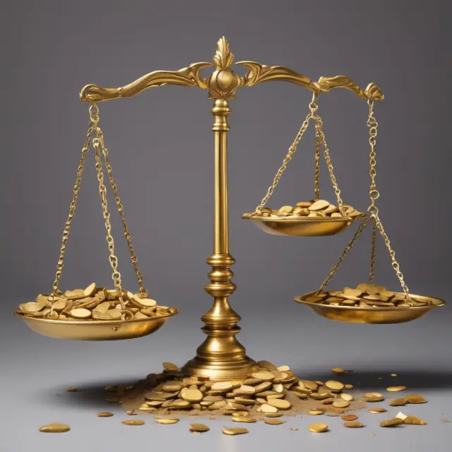 A balance scale illustrating risks of holding dry powder: eroding gold coins for inflation, hourglass leaking sand for missed opportunities