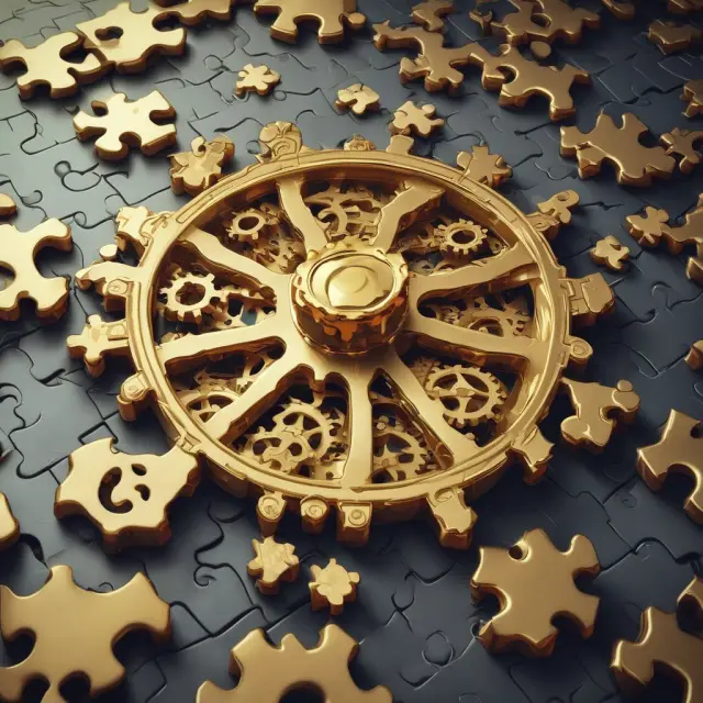 Golden gears symbolizing DTCC, interconnecting puzzle pieces representing markets, flowing data streams ensuring efficient settlement processes