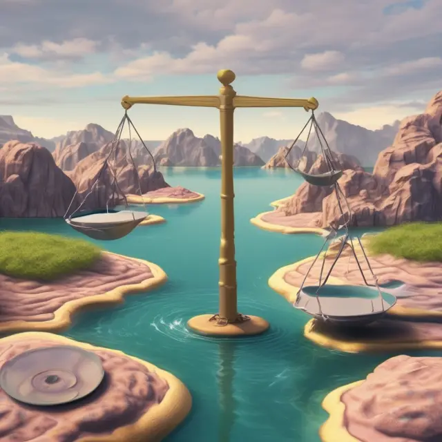 Image of balancing scales symbolizing DTI ratio, with income represented by a gentle stream flowing in and debt as a stronger outflowing river