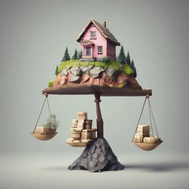 Image: A balanced scale with a house symbolizing housing costs and a mountain representing debts, emphasizing the importance of ideal debt-to-income ratios in mortgage lending