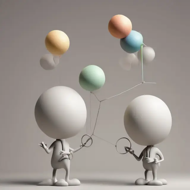 A juggler skillfully balances three orbs symbolizing Debt-to-Income (DTI), Debt-to-Limit ratio, and Credit utilization. Enhancing financial health requires monitoring multiple debt ratios.