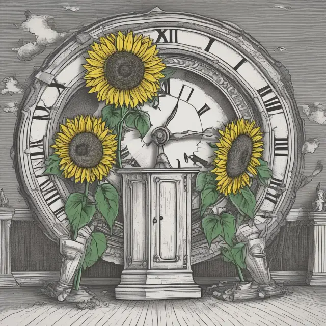 A founder sunflower wilting near a grandfather clock, illustrating the concept of time-bound restrictions on supermajority voting shares in dual class structures.