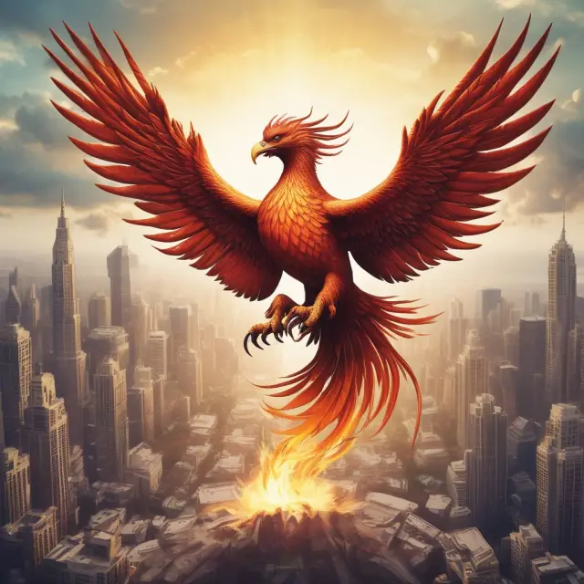 A mythical dual-headed phoenix flying above international stock exchanges, illustrating the potential impact of dual listings on share prices