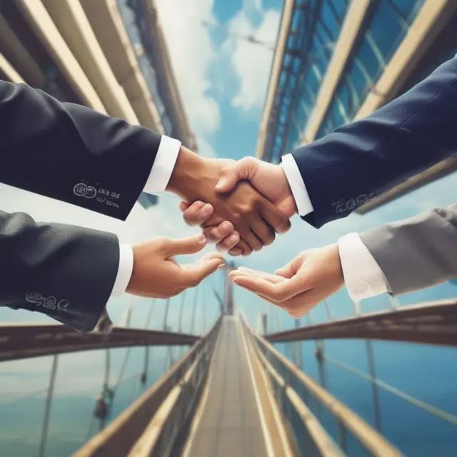 Regulators and companies joining hands over a bridge signifying dual listing, emphasizing the importance of regulatory compliance