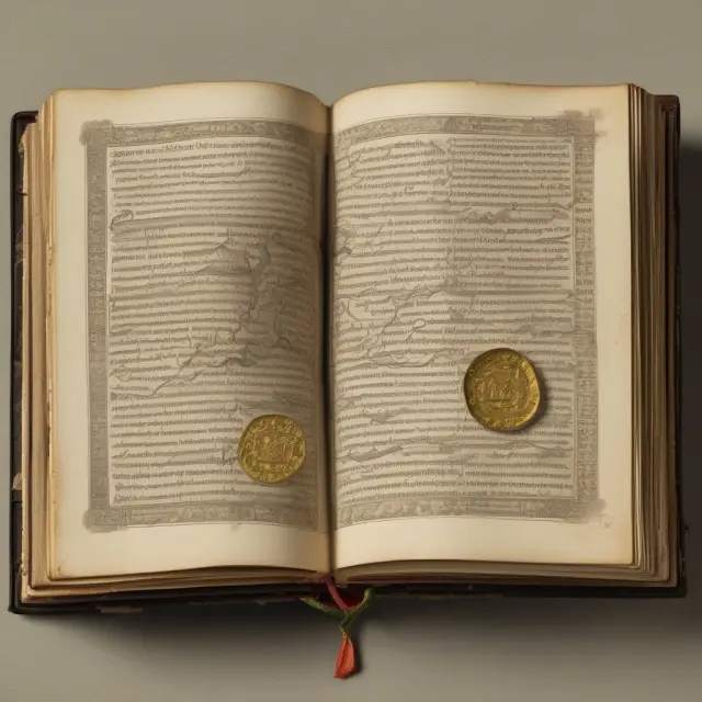 Ancient double-entry bookpage showing assets in gold coins and international currencies as due from accounts