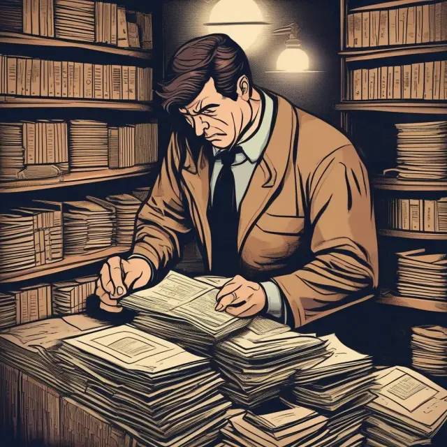 Detective meticulously analyzing financial records and business documents during M&A due diligence