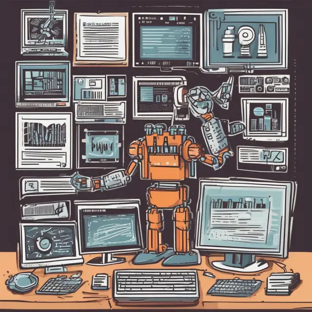 A robot hand examining financial data on various computer screens, representing technology-assisted due diligence processes.