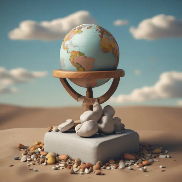 A globe precariously resting atop a scale, demonstrating the balance between fair and unfair trade practices represented by silica fabric pieces.