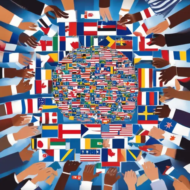 Global hands forming a puzzle piece mosaic of flags, symbolizing cooperation in regulating dumping through international trade organizations