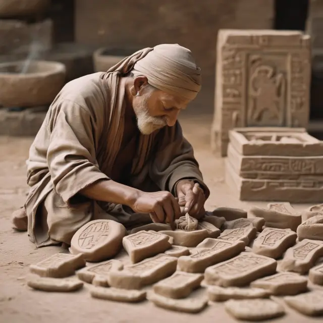 Ancient scribe inscribing a unique nine-digit identifier for a business on clay tablets.