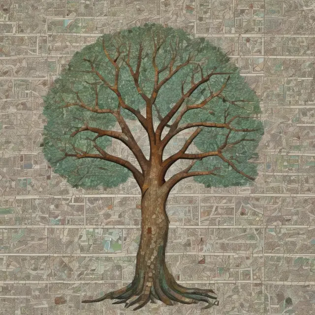 A diverse collection of industry mosaics coming together as branches on a tree, symbolizing entities utilizing DUNS numbers for business identification.