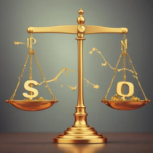 A golden scale balancing three elements: net profit margin, asset turnover ratio, and equity multiplier, representing DuPont analysis.