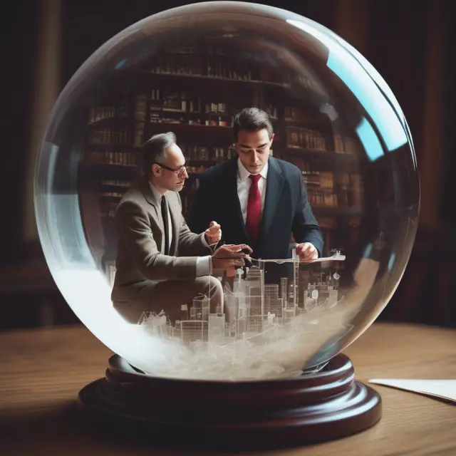 A scholar examines a crystal ball filled with net profit margin, asset turnover ratio, and equity multiplier interconnected financial ratios to assess company performance